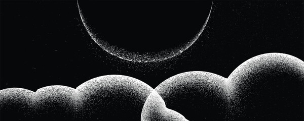 Star and planet in space. Futuristic landscape, with noise texture . Night landscape with starry sky and clouds .Vector illustration, screen print texture