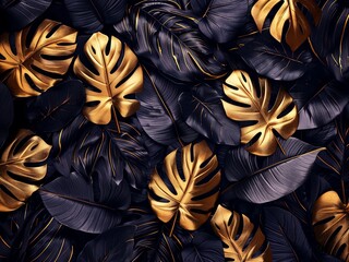 Wall Mural - leaves gold and black, dark monstera palm graphic design creative nature background, minimal summer abstract jungle forest pattern luxury exotic botanical design cosmetics illustration