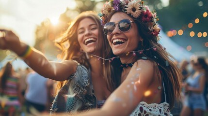 Celebrating Friendship and Music: Two Women Dancing at an Outdoor Festival