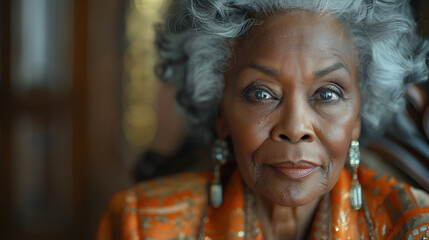 Wall Mural - Close-up portrait of an older African American woman with gray hair and a serious expression