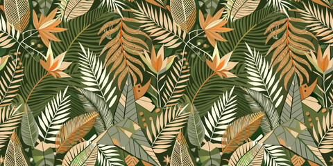 Seamless pattern of tropical palm leaves and ferns layered with geometric shapes and patterns Vector