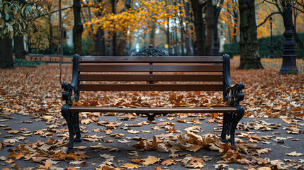 Wall Mural - A bench in an autumn park with a lot of torn orange maple leaves