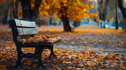 Wall Mural - A bench in an autumn park with a lot of torn orange maple leaves
