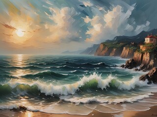 Wall Mural - Landscape view of a sea in sunset evening beach beautiful sky oil painting. Artistic nature view of sun by the ocean