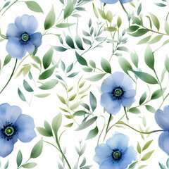 Sticker - Watercolor Seamless Pattern with Luxury Lite Blue Flowers, Leaves and Branches, for Modern Home Decor, Textiles, Wrapping Paper, Wallpaper, Fabric Print, Greeting Cards, Invitation Card, Wall Sticker