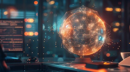 High-tech office environment with a holographic earth display