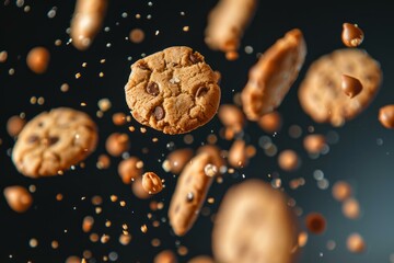 Wall Mural - Chocolate chip cookies in midair with flying crumbs and caramel splashes on a dark background