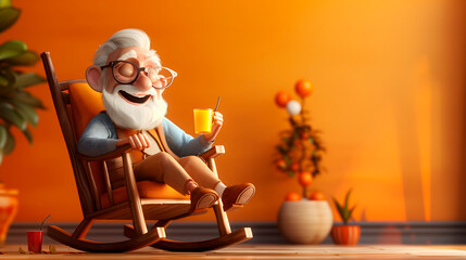 Imagen 3D de un abuelo en una silla tomando un zumo