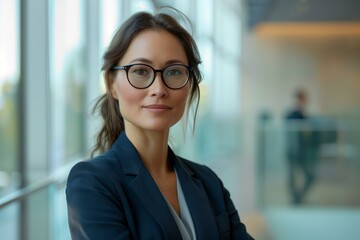 Portrait of a confident businesswoman with glasses, professional suit, standing in a modern office with glass walls, soft natural light