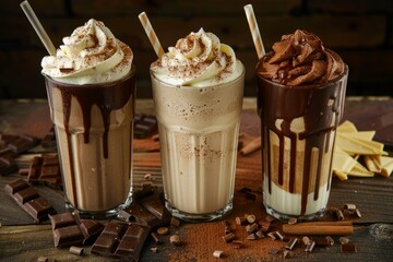 Poster - Gourmet chocolate milkshakes with whipped cream and chocolate shavings, surrounded by chocolate pieces