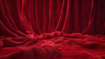 Wall Mural - Deep red velvet fabric draped luxuriously, highlighting its smooth and plush texture.