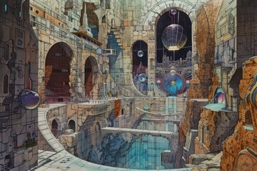 A painting of a futuristic city with a large, blue