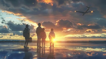 Wall Mural - A family of four is standing on the tarmac of an airport, watching an airplane fly overhead. The sun is setting, casting a warm glow over the scene. The family members are carrying backpacks