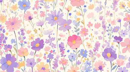 Wall Mural - pattern with flowers, background, kawaii seamless pattern of flowers, floral pattern, spring pattern, feminine pattern, cute floral seamless pattern, pink and purple flowers, illustration, wallpaper