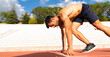 © FATIR29 - Stadium, man running and start block of athlete on a runner and arena track for sprint