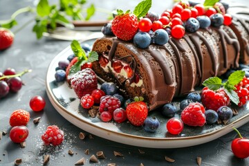 Wall Mural - Luscious chocolate cake garnished with fresh berries and mint, ready to be served