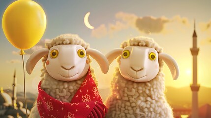 Poster - sheep, greeting, islam, three-dimensional, eid, celebration, decoration, background, islamic, muslim, ramadan, sacrifice, illustration, animal, holiday, arabic, happy, design, children, festival, lant