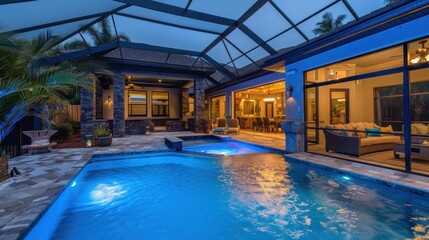 Luxury salt water pool and patio at night.