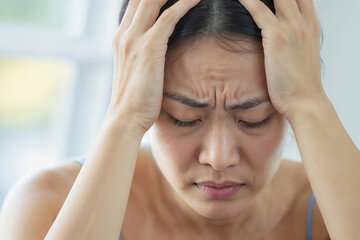 Wall Mural - Portrait of woman suffering from headache migraine pain against a blurred window background with copy space. Health problems, stress and depression. Female holds head with hand