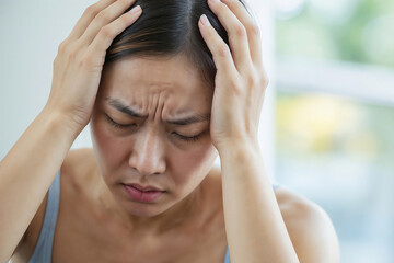 Poster - Close up face of Asian woman is crying and has her hands on her head. Health problems, stress and depression, family problems