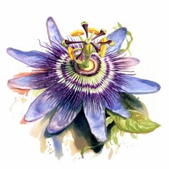 Poster - AI generated illustration of a purple flower with green leaves on a white background