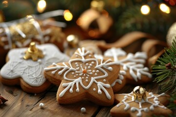 Sticker - Closeup of decorated gingerbread cookies with christmas tree and lights background