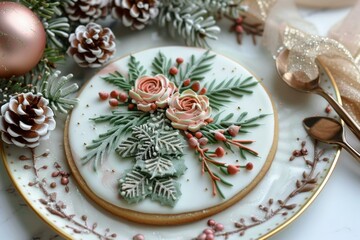 Sticker - Beautifully decorated christmas cookie amidst pine cones and greenery