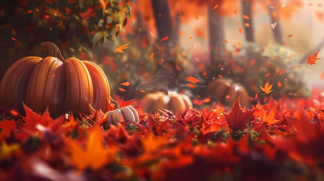 Illustrate a serene scene of autumn leaves and pumpkins for a cozy Thanksgiving.