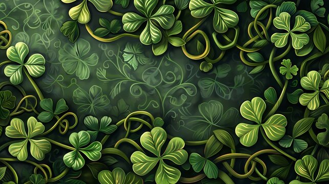 Illustrate a virtual tableau of shamrocks and Celtic knots for St. Patrick's Day.