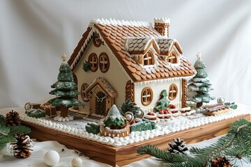 Poster - Beautifully decorated gingerbread house adorned with icing, surrounded by miniature trees and pinecones