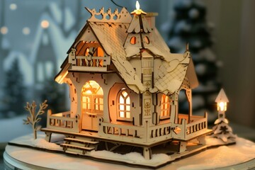 Sticker - Warm, inviting wooden house with festive lights, capturing the spirit of christmas in a cozy indoor setting