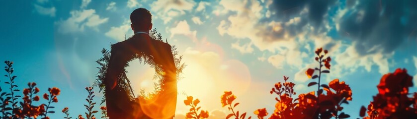 the ex soldier in Nature with Sunlight and Flowers, Silhouette of a man standing in a field with bright sunlight and vibrant flowers, creating a serene and uplifting scene. Double exposure Memorial 