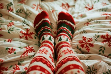 Poster - Feet in warm holidaythemed socks resting on a bed with christmas patterned sheets