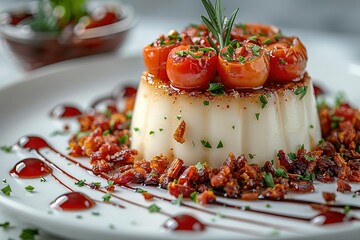 Wall Mural - A dessert with bacon and tomatoes on top of a white plate