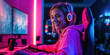 © Александр Марченко - A smiling woman wearing headphones and a hoodie, gaming at a computer setup with neon lighting.
