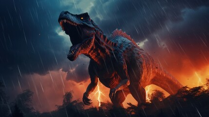 Wall Mural - dinosaur stands in lightning storm in prehistoric environment. photorealistic.