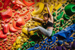 © Nibuya Qubik/Stocksy - Skilled climber bouldering on a rainbow colored  indoor climbing wall
