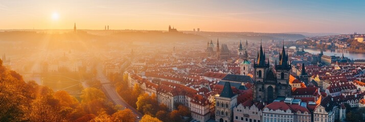 Wall Mural - Aerial view of beautiful historical buildings of Prague city at sunrise in Czech Republic in Europe.