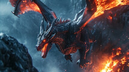 Wall Mural - powerful dragon flying in sky with clouds and fire flame.
