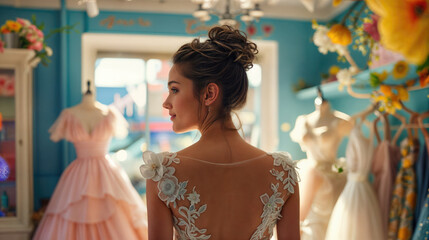 Wall Mural - A bride stands in a boutique surrounded by beautiful wedding dresses