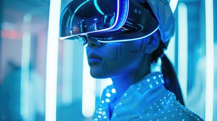 Wall Mural - Cyberpunk cyborg woman in virtual reality in a city with neon lights during the night. Generated AI