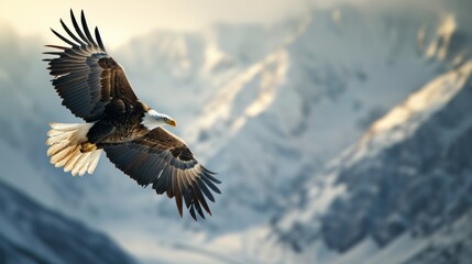 Wall Mural - A bald eagle flying in sky in wild with snow mountain background.