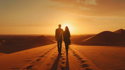 Wall Mural - romantic couple waling in the desert at sunset 