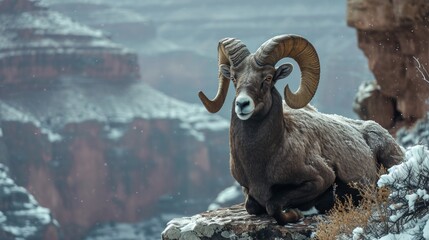 Wall Mural - bighorn ram sheep goat on cliff in grand canyon in winter with snow