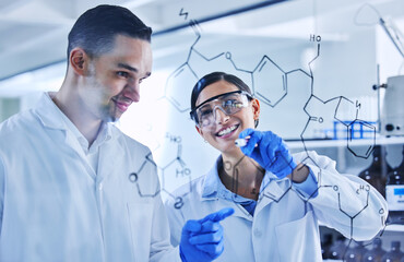 Wall Mural - team, scientist and writing on board for chemistry molecule, research or medical solution innovation