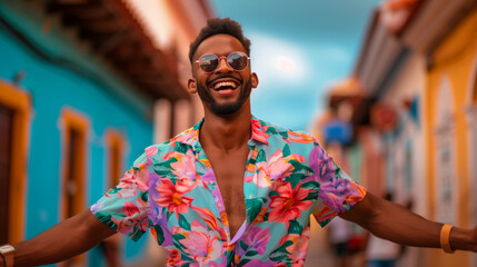 A man in a floral shirt is smiling and posing for a picture. a very happy young 30 year old dominican man with beach shirt and sunglasses walking while dancing up and down a very colorful street