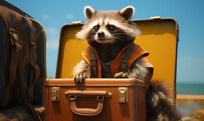 Racoon with suitcase, summer
