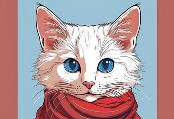 Poster - AI generated illustration of a Turkish angora with blue eyes and white fur wearing a red scarf