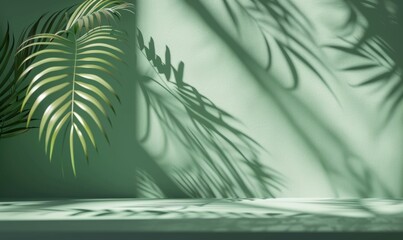 Abstract green background with shadow of palm leaves on the wall, empty table for product presentation Generative AI