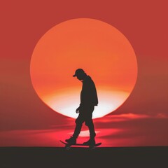 Wall Mural - Iconic silhouette of a millennial with a skateboard at sunset.